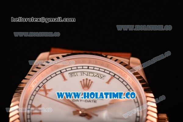 Rolex Day-Date Asia 2813/Swiss ETA 2836/Clone Rolex 3135 Automatic Rose Gold Case with Roman Numeral Markers and White Dial (BP) - Click Image to Close